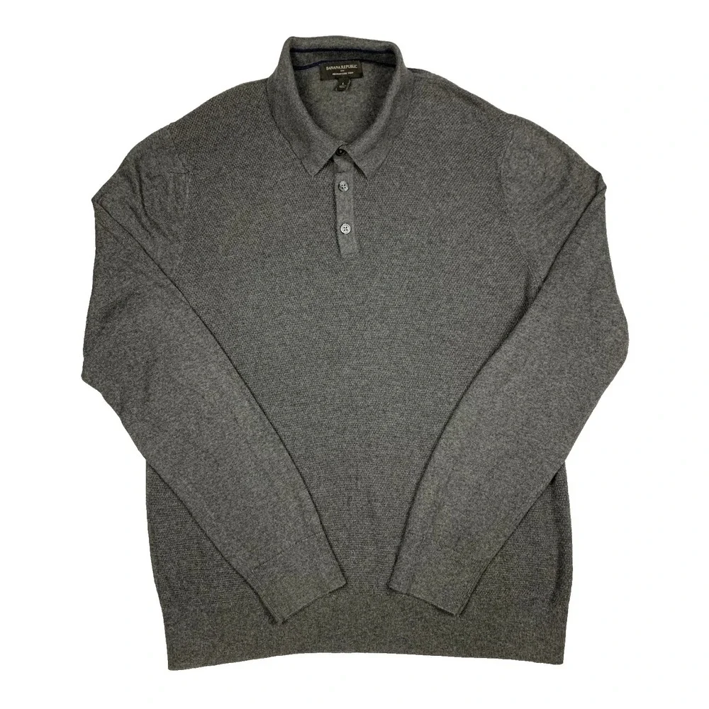 Banana Republic Sweater Mens L Gray‎ Luxe Yarn Cashmere Blend Polo Pullover